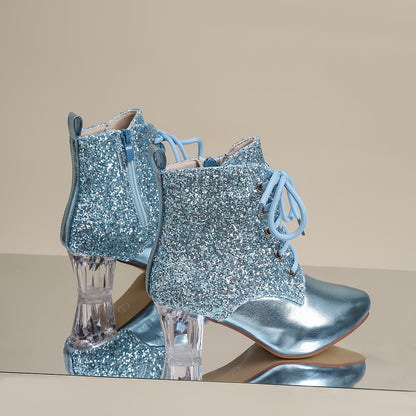 Botines con parches de lentejuelas para mujer, punta puntiaguda moderna, cierre de cremallera, tacón de bloque medio, forro de tela