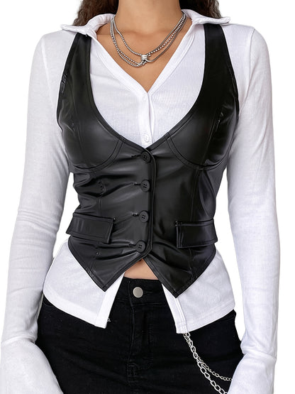 Chaleco sin mangas con botones para mujer, top corto, chaqueta de cuero sintético con cuello en V sexy