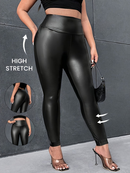 Stylish Plus Size PU Leather Leggings - High Waist, Stretchy, Comfortable Leggings for Spring & Summer - Women's Plus Size Clothing with Elastic Waistband and Soft Fabric