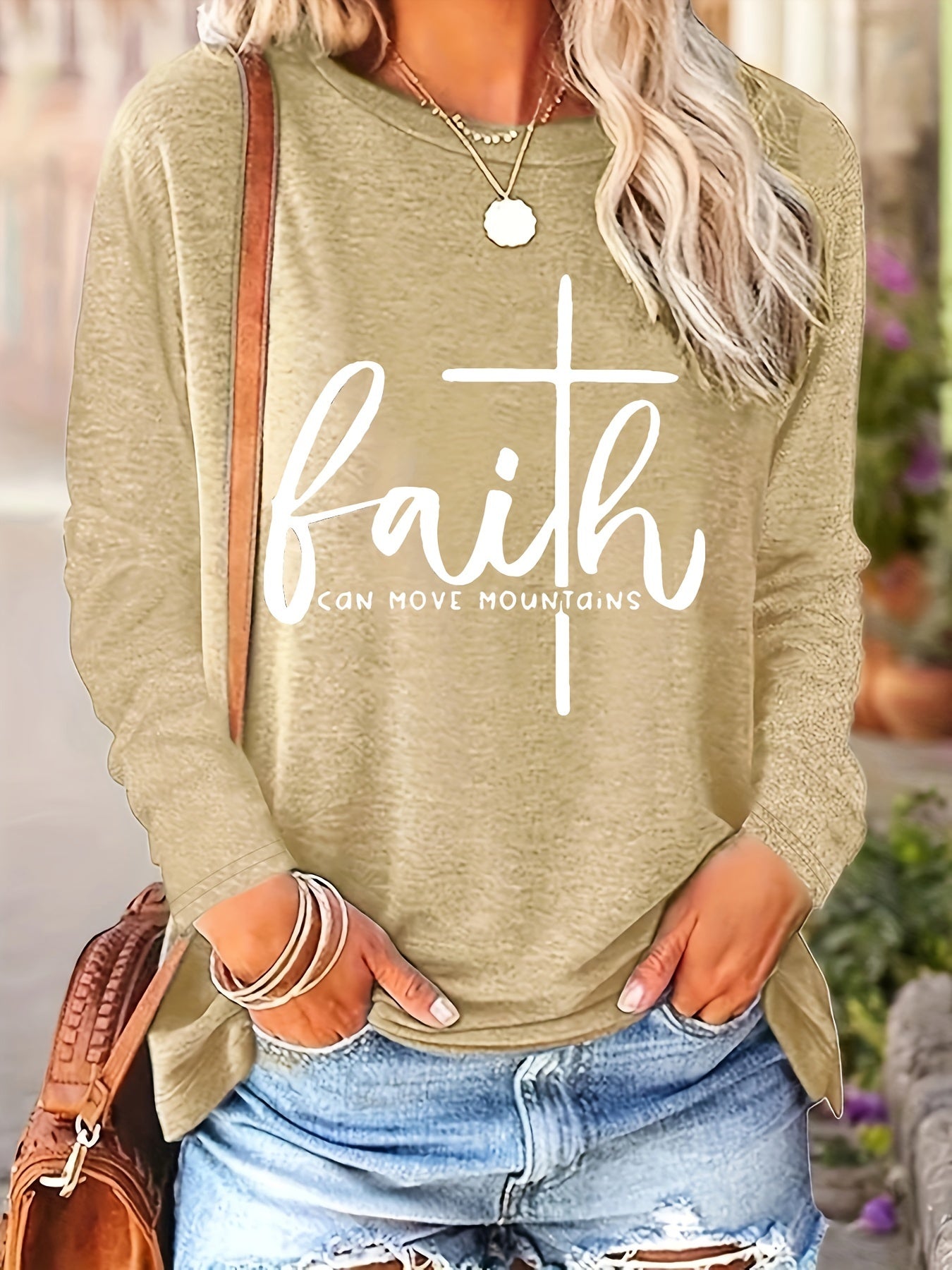 Faith-inspired Print Womens T-Shirt - Fashionable Crew Neck, Comfortable Long Sleeves for Spring & Fall - Versatile Casual Style - LuxyXO