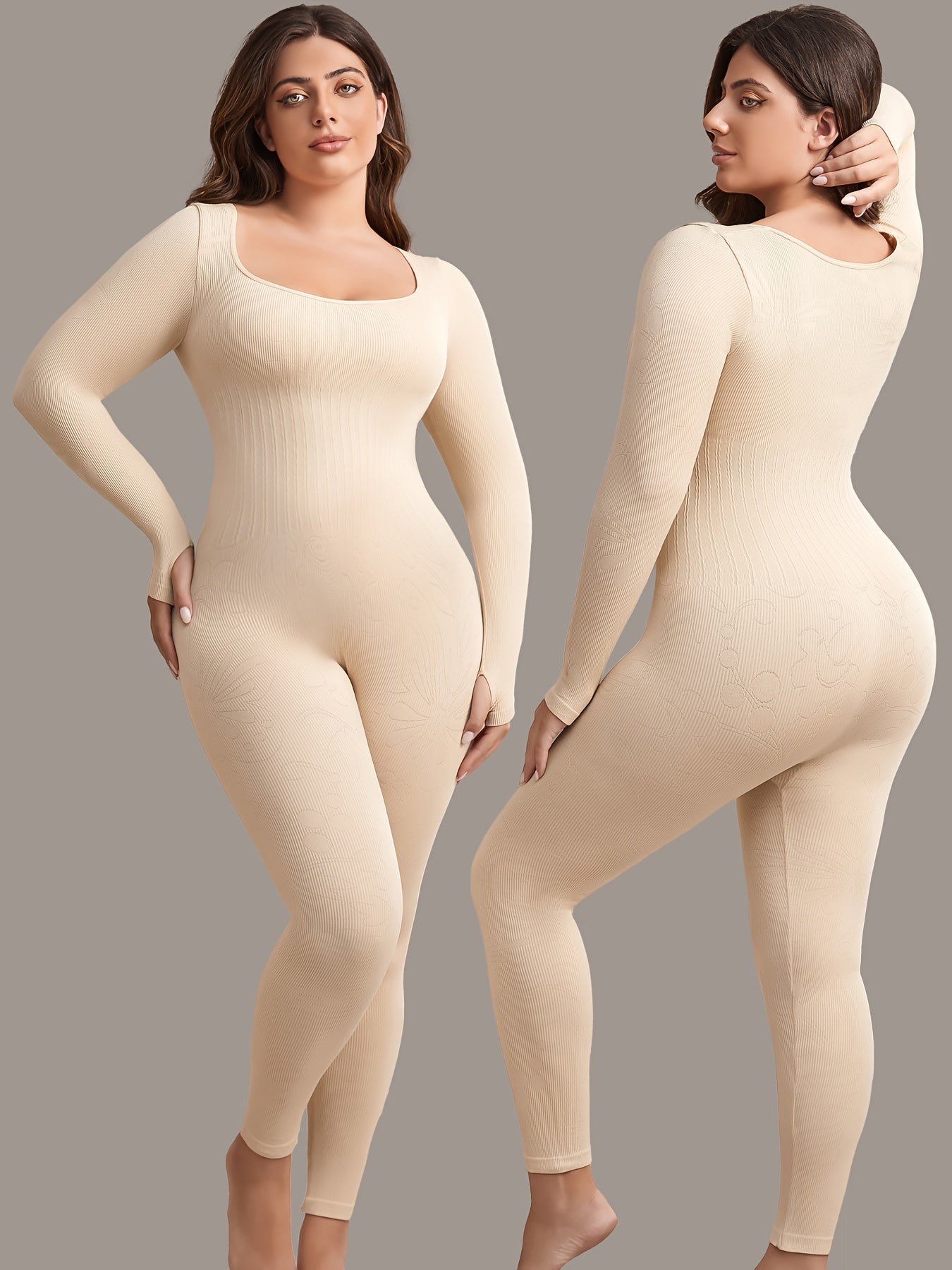 Plus Size Seamless Yoga Bodysuit - High Stretch, Long Sleeve, Solid Color Activewear Jumpsuit