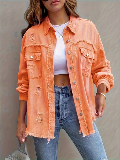 Plus Size Distressed Chic Denim Jacket - Ripped Raw Hem