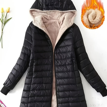 Zip-up Puffy Hoodie Coat, Casual Thermal Long Sleeve Coat For Fall & Winter, Women's Clothing