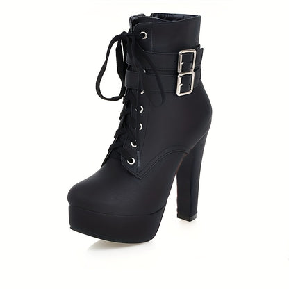 Botas de tacón alto con cordones de color liso a la moda para mujer - Tacón de aguja con base de bloque estable - Correa de tobillo con hebilla segura - Modernas y cómodas
