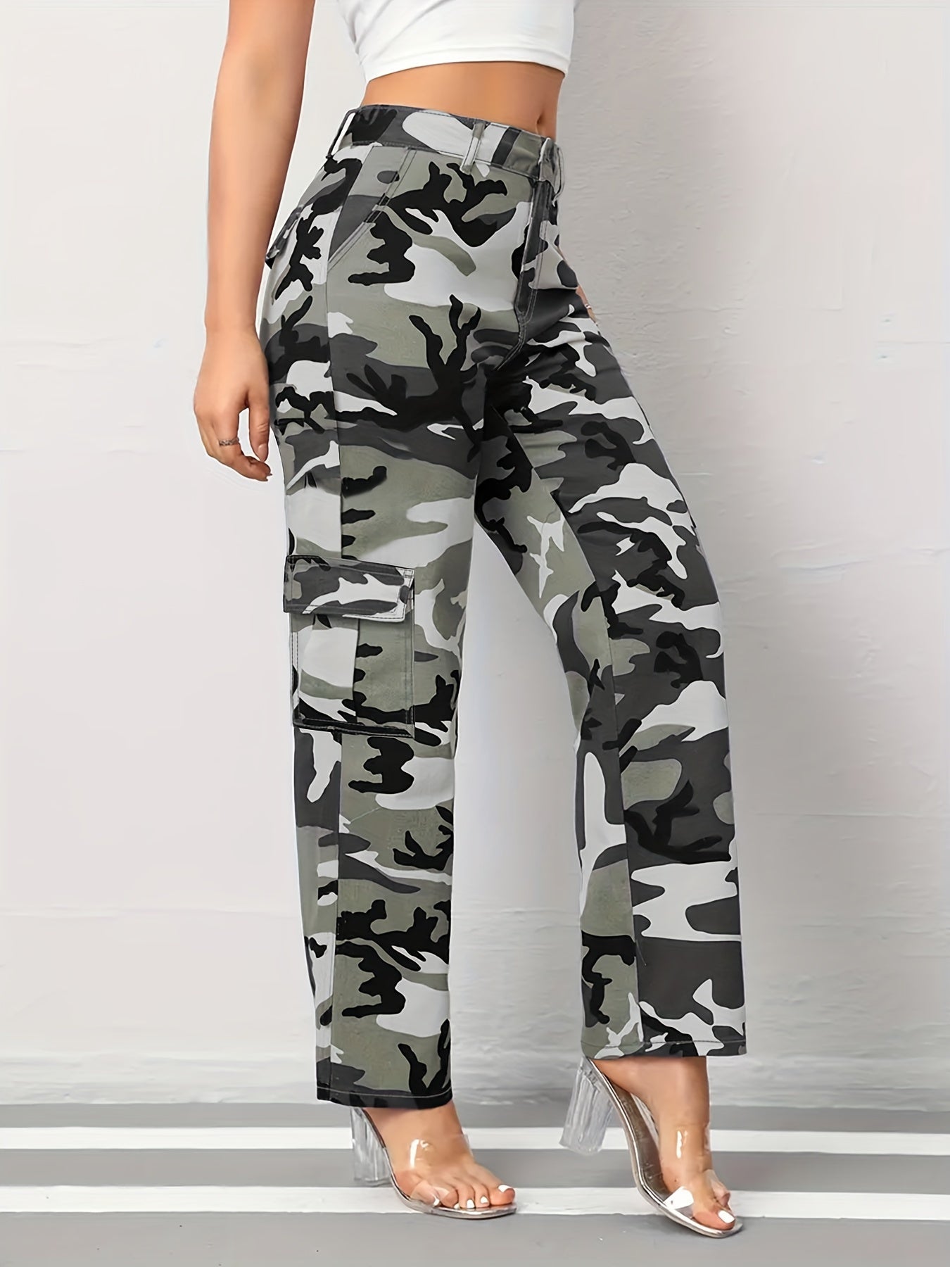 Plus size camo print side flap pocket streetwear loose fit cargo jeans for women, showing front and side view with slight stretch denim