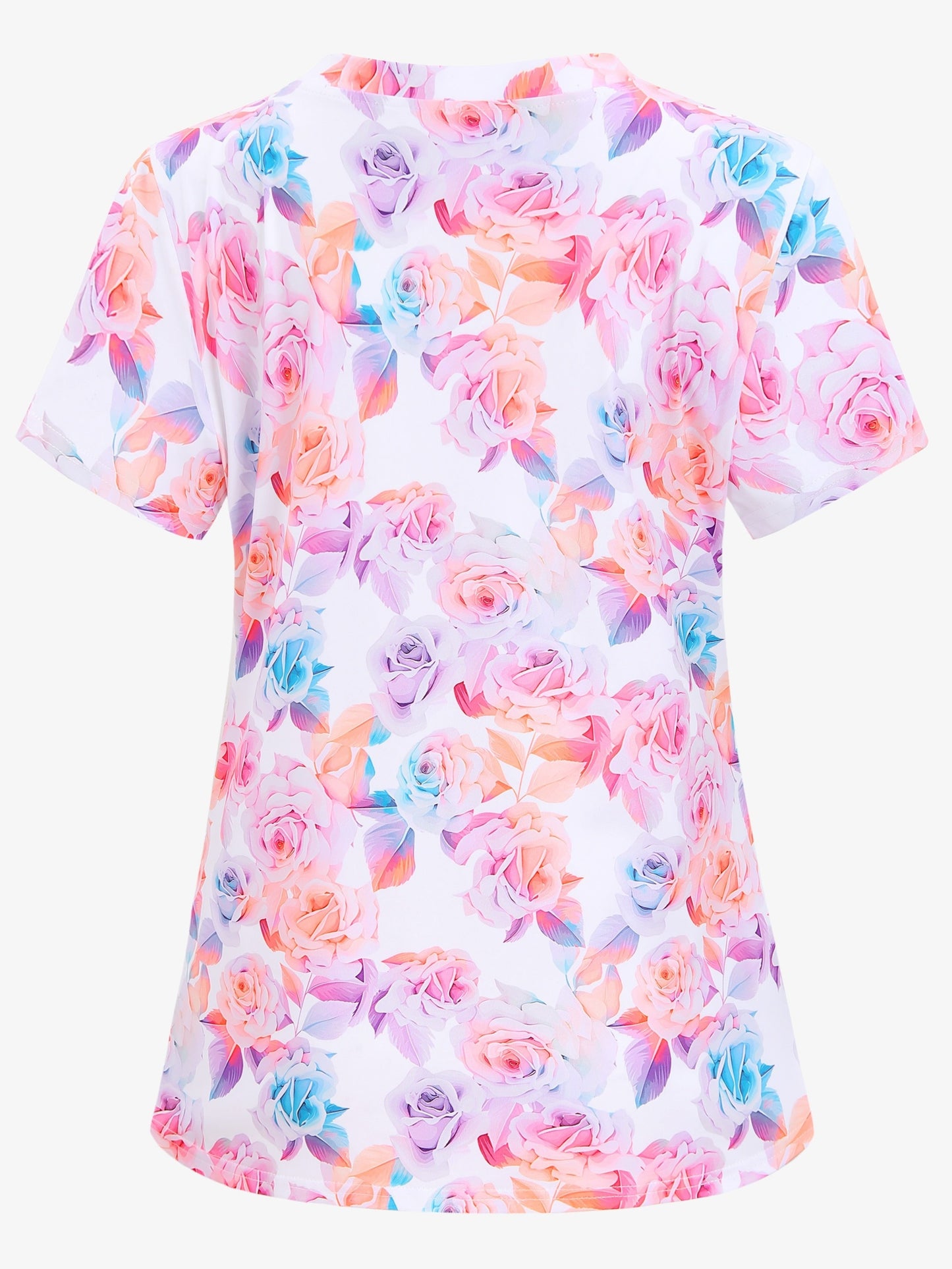 Floral Print V-neck Top, Functional Patched Pockets Short Sleeve Medical Uniform, Women's Clothing