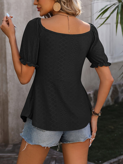 Camiseta sin espalda con lazo en la parte delantera, manga corta favorecedora, corte relajado, tejido transpirable, perfecta para primavera y verano, ropa informal para mujer, prenda esencial para actividades al aire libre