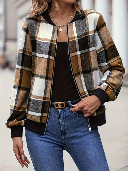 Plus Size Womens Plaid Bomber Jacket - Stylish Casual Wear with Smooth Zipper Closure and Flattering Slim Fit - Fashionable Plaid Pattern, Comfortable Long Sleeves for Everyday Chic