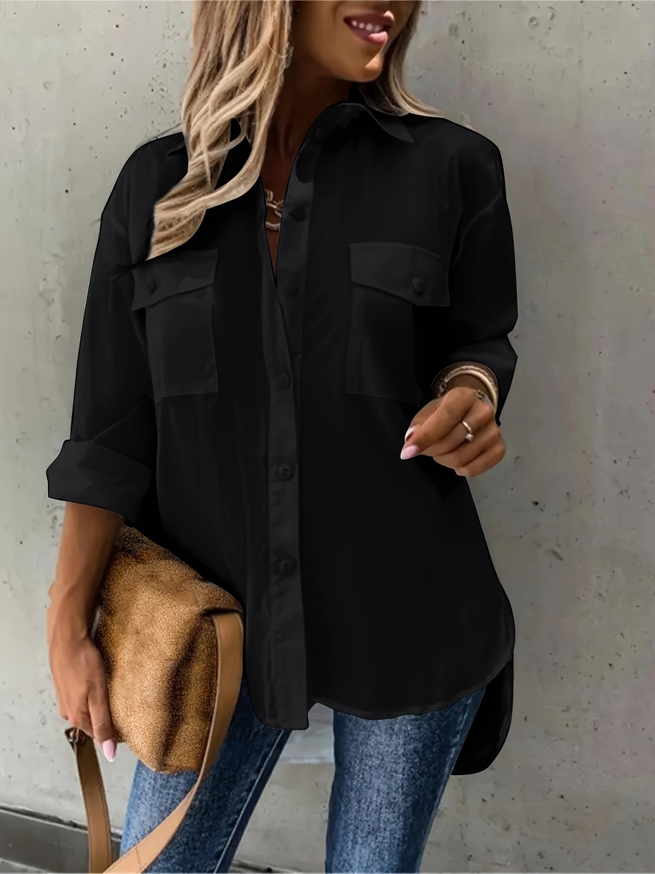 Plus Size Womens Charming Blouse - Long Sleeve Solid Shirt with Flattering Lapel Collar & Stylish Button-Up Design, Trendy Plus Size Top featuring Practical Flap Pockets for Casual Chic Style