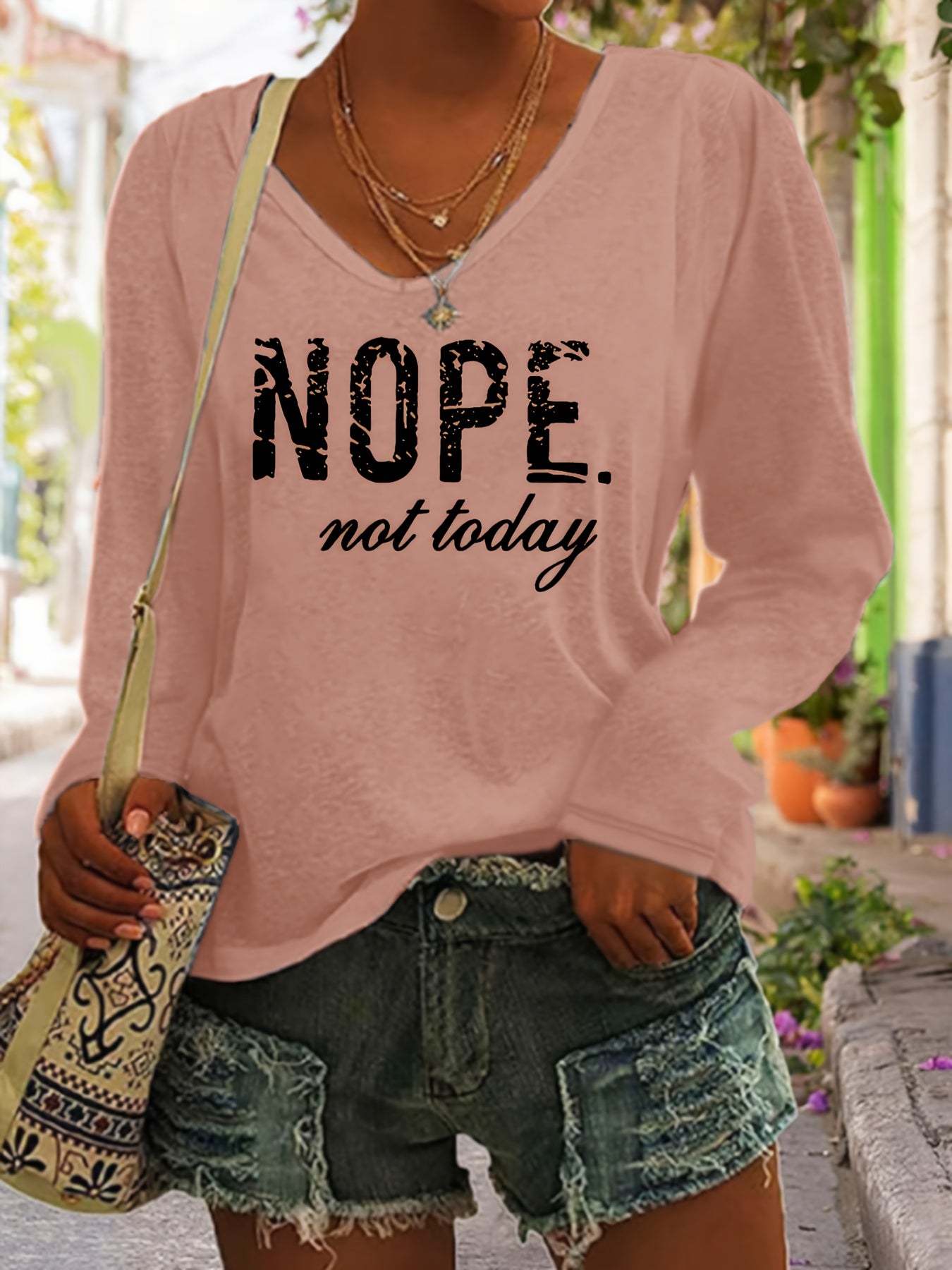 Plus Size Nope Print V Neck T-Shirt - Plus Size T-shirts for Women, Casual Long Sleeve Top with Relaxed Fit for Spring and Fall Seasons