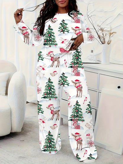 Women'S Plus Size Christmas Print Casual Long Sleeve Set, Polyester Knit Fabric, Round Neck, Full-Body Print, Comfort Fit, Lounge Wear