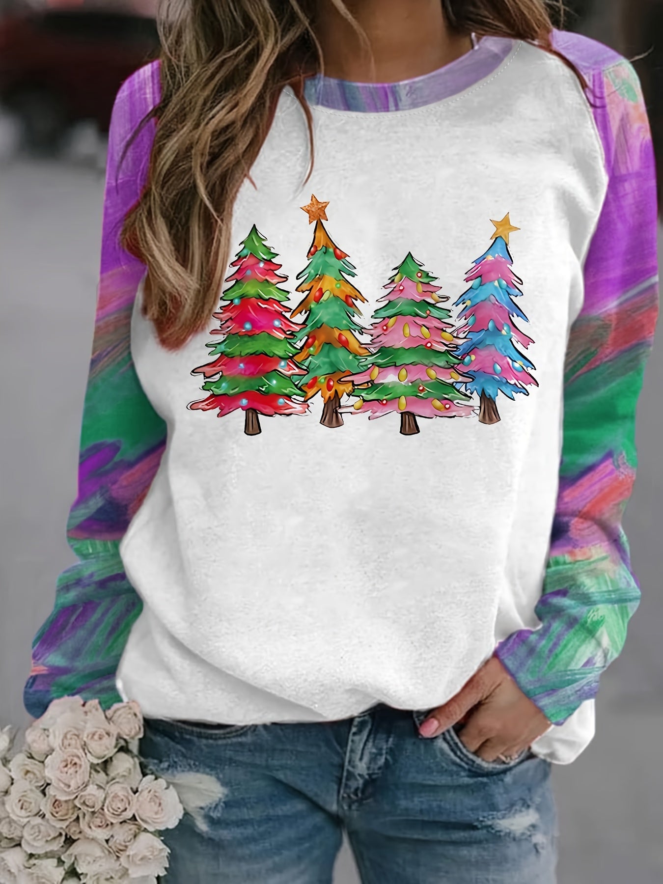 Christmas Colorful Tree Print Sweatshirt, Cute Color Block Crew Neck Sweatshirt, Women's Clothing