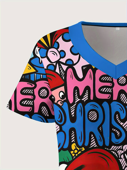 Plus Size Elegant V-Neck T-Shirt for Women - Polyester Knit Fabric with Slight Stretch, All Over Christmas Print, Short Regular Sleeves, Casual Summer Pullover with Pocket Detail - Oversized Festive Medical Professional Workw