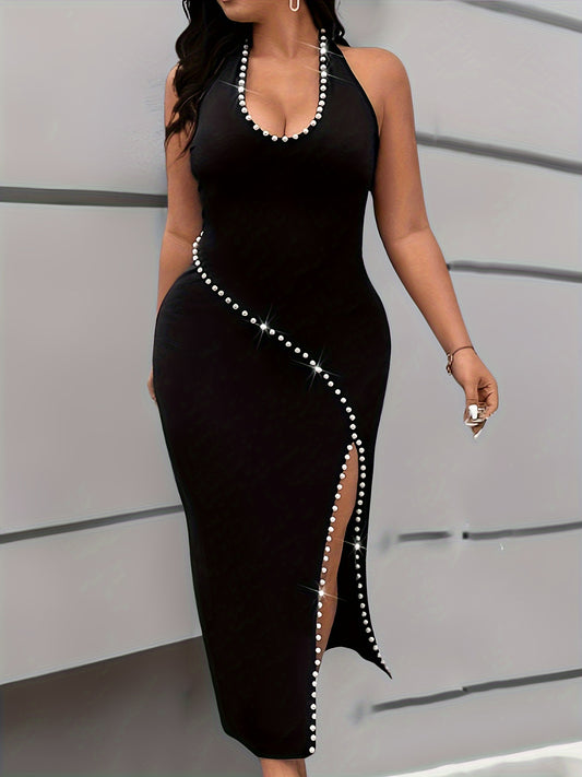 Plus Size Beaded Slit Halter Dress - Elegant, Sleeveless, Backless, and Flowy Design - Perfect for Spring and Summer, Women's Formal and Casual Occasions, Party, Beach, and Outdoor Events