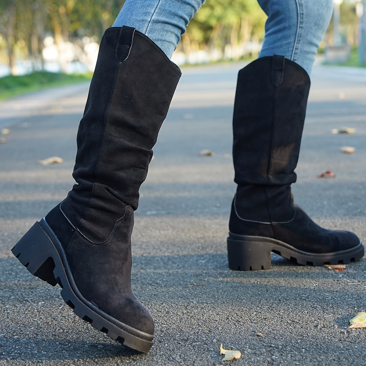 [1 pieza de botas de media pantorrilla para mujer] Botas de media pantorrilla para mujer, de color sólido, sin cordones, con punta redonda, tacón de bloque, parte superior de tela, suela interior, tacón alto, suela de goma