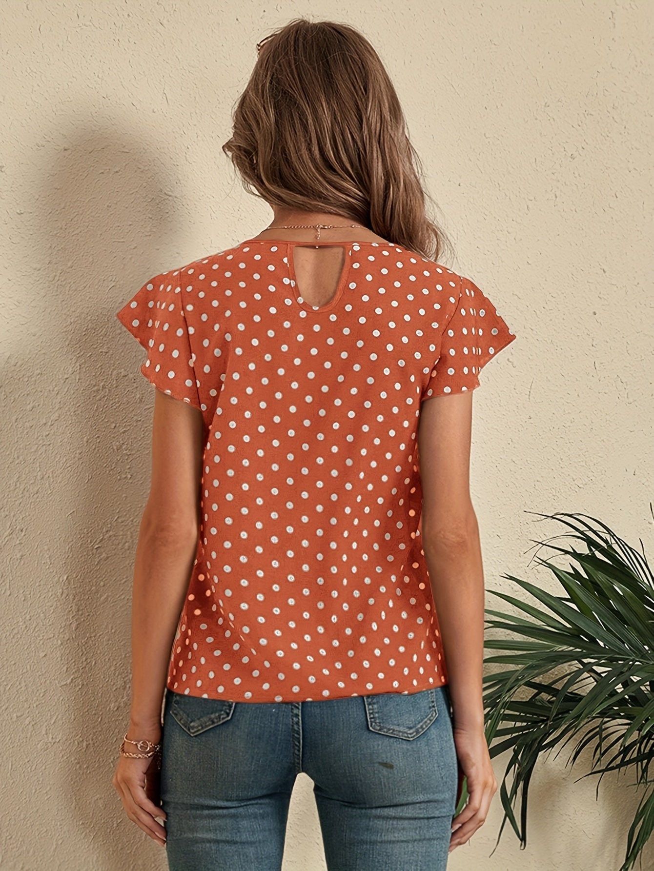 Delicate Pin-Dot Print Flutter Sleeve Blouse - Lightweight & Feminine Crew Neck Top for Spring & Summer - A Trendy Casual Wardrobe Essential for Women