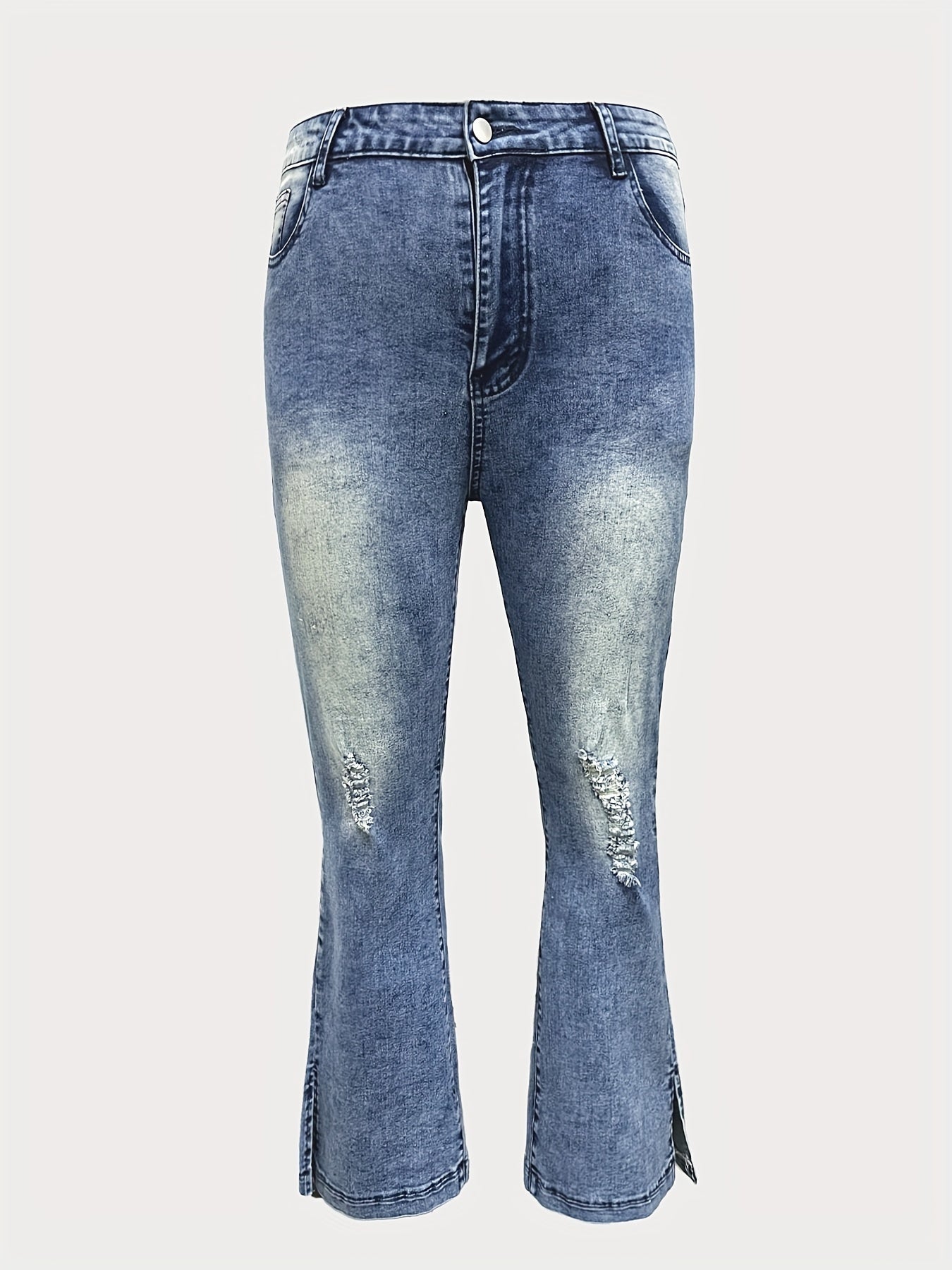 Women's blue ripped streetwear jeans with split hem, plus size, zipper button closure, and slash pockets.