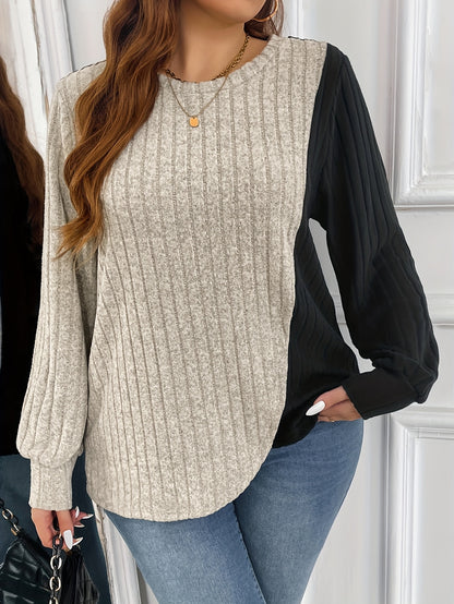 Plus Size Elegant Ribbed Knit T-Shirt - Stretchy & Soft, Long Sleeve with Asymmetrical Hem, Round Neck, Beige & Black Patchwork