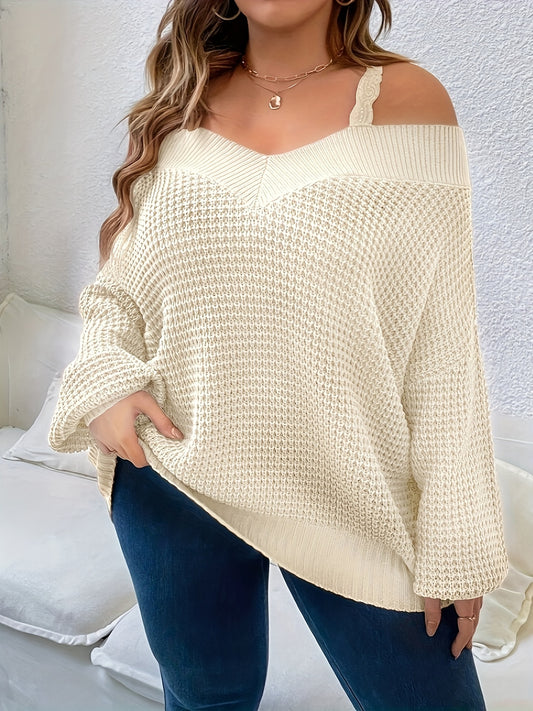 Plus Size Cold Shoulder Knitted Sweater, Elegant Long Sleeve Pullover Sweater