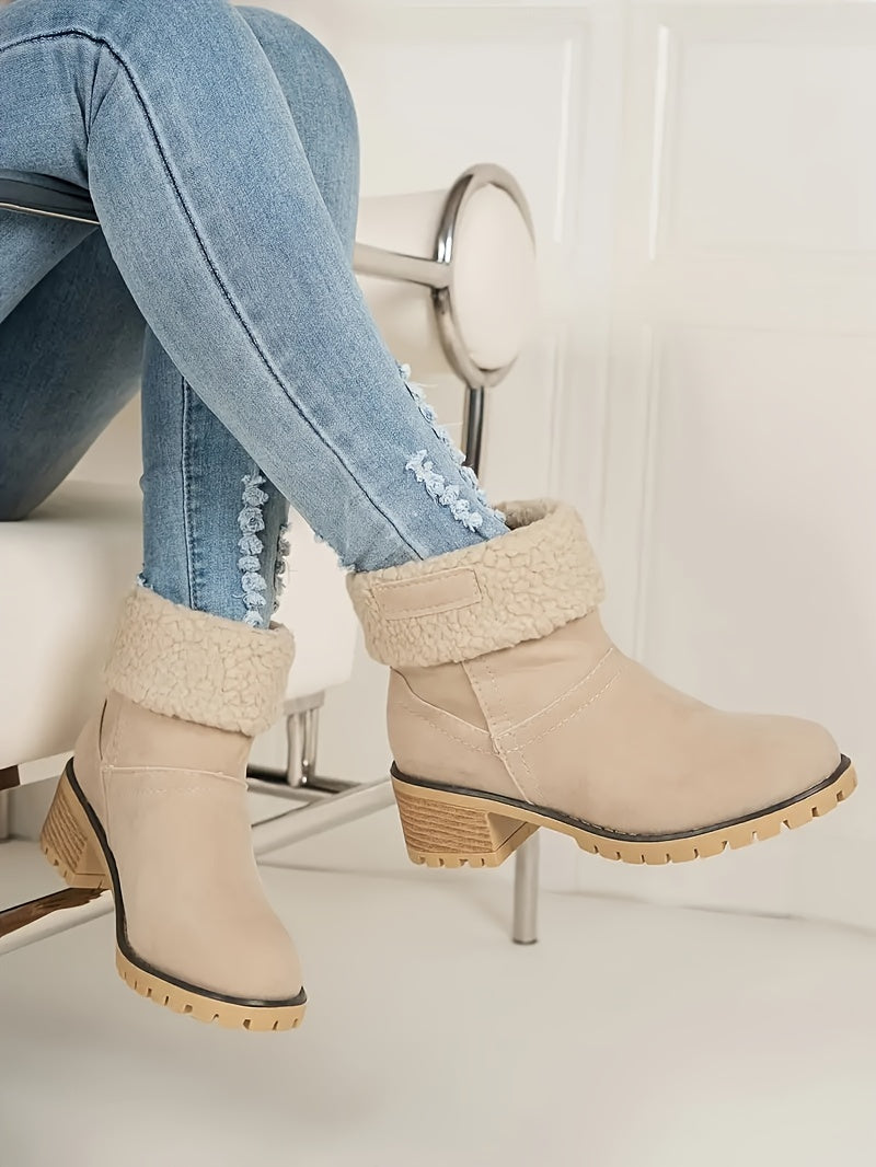 Cozy Winter Chunky Heel Boots - Soft Plush Lined, Slip-On Design, Comfortable Ankle Support, Warm Insulation, Casual Style for Daily Wear - Perfect for Cold Weather - LuxyXO