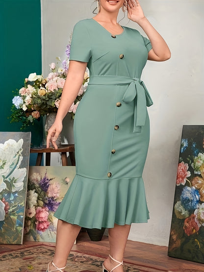 Stunning Plus Size Mermaid Hem Dress - Elegant Belted Short Sleeve Midi Dresses for Women - Spring & Summer Fashion, Solid Button Front, Flattering Fit, Comfortable Wear