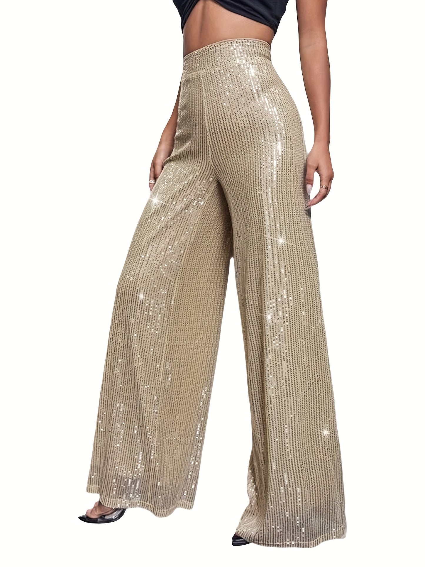 Womens Glitter Sequin Pants Sparkly Wide Loose Trousers Straight Leg Palazzo Pants Shiny Dance Bling Party Clubwear