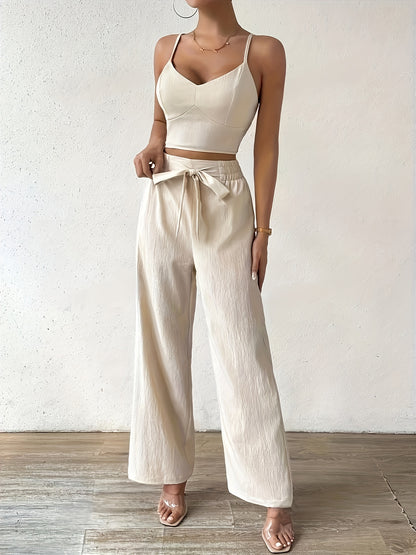 Women's Elegant Solid Color Polyester Off-Shoulder Top and Wide Leg Pants Set