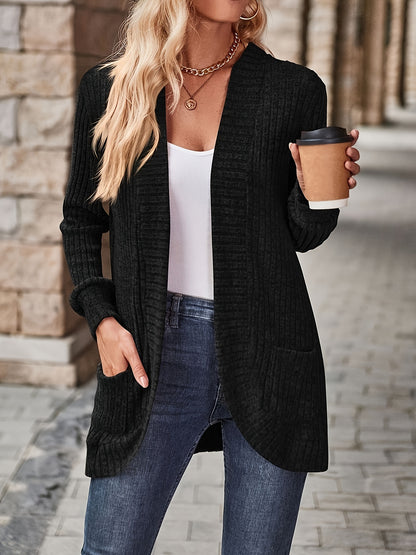 Long Sleeve Elegant Solid Color Open Front Cardigan with Pocket