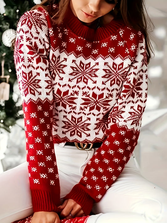 Suéter acogedor con cuello redondo y copos de nieve navideños: jersey de punto informal de manga larga para mujer, perfecto para otoño/invierno