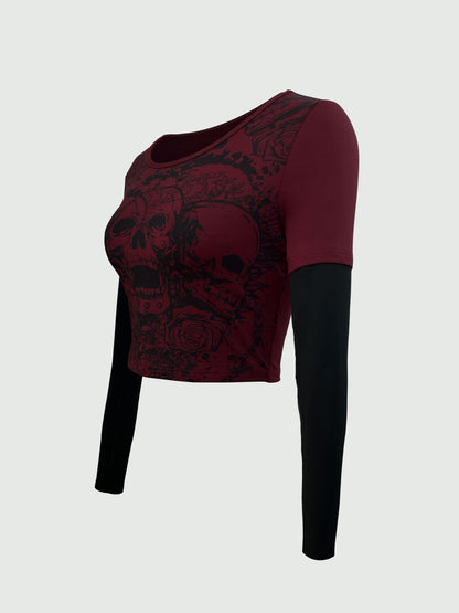 Camiseta de manga larga con estampado de bloques de color para mujer: cuello redondo, muy elástica, lavable a máquina, perfecta para otoño/invierno