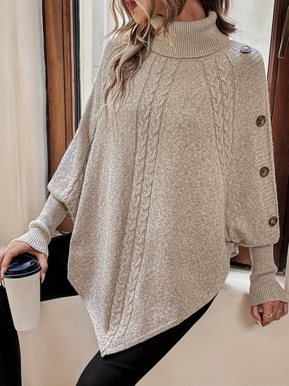 Cozy Cable Knit Turtle Neck Sweater - Soft, Elegant, and Warm Long Sleeve Sweater for Fall and Winter - Women's Clothing, Hanky Hem, Relaxed Fit, and Versatile Style