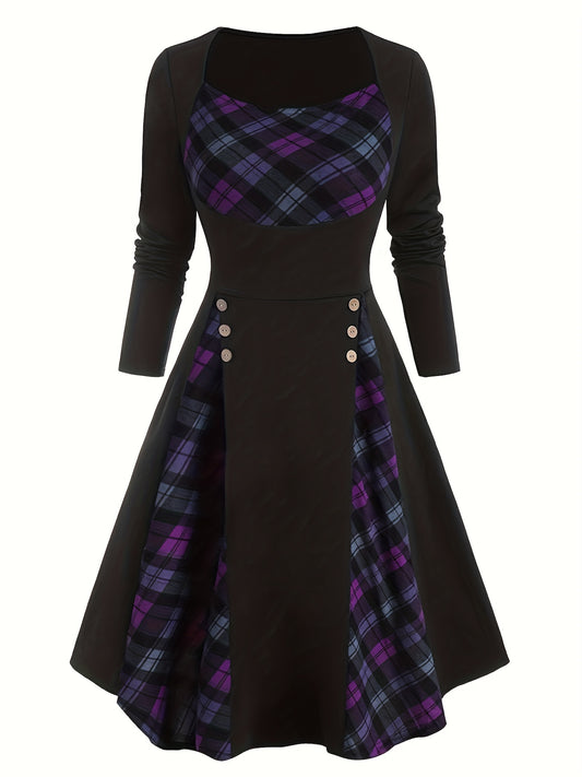 Plus Size Retro Chic A-line Dress - Plus Size Dresses with Colorblock Plaid Print, Long Sleeves, Square Neck, Button Decor and Flattering Fit