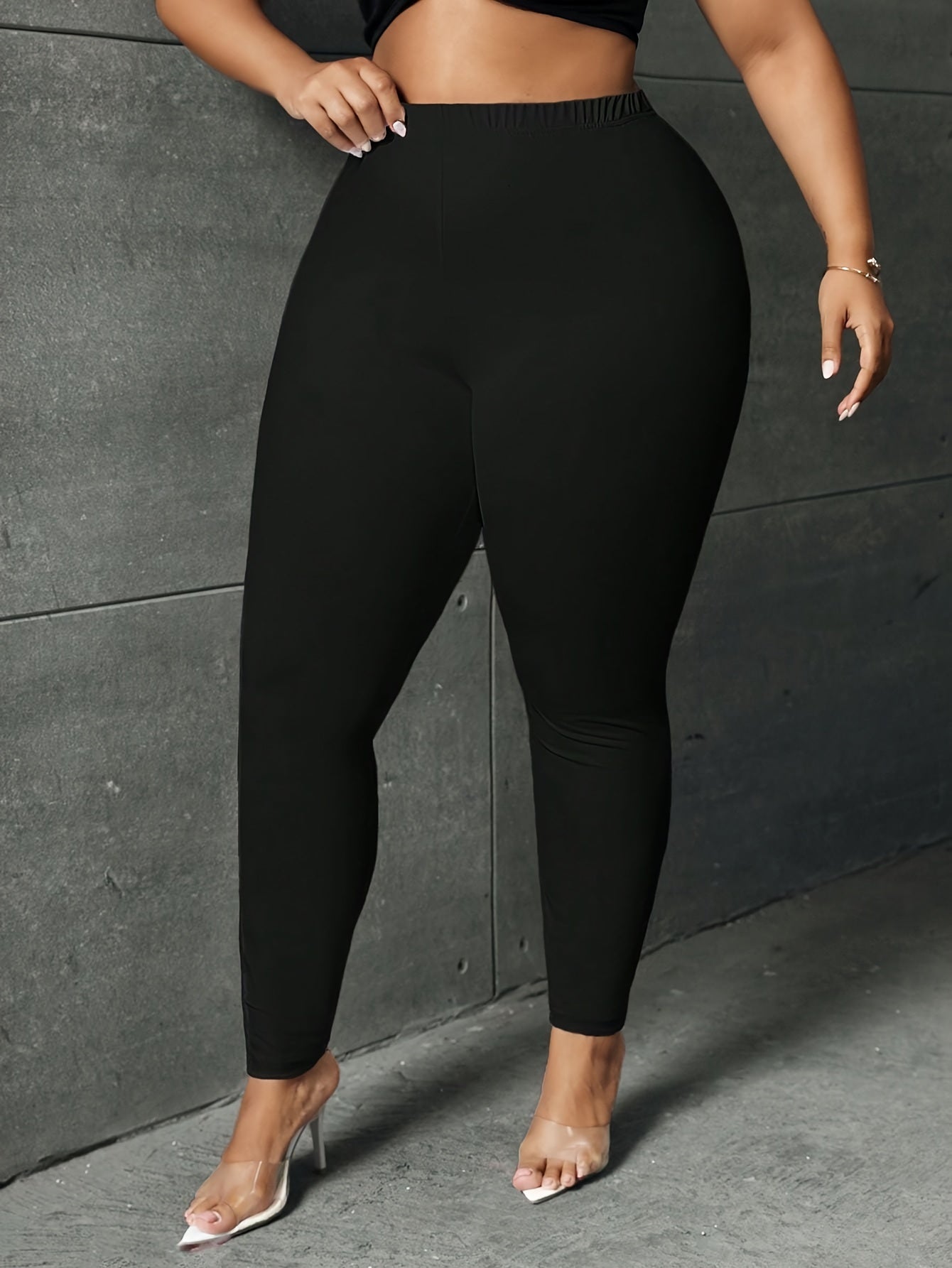 Plus Size Basic Leggings, Solid Elastic High Rise High Stretch