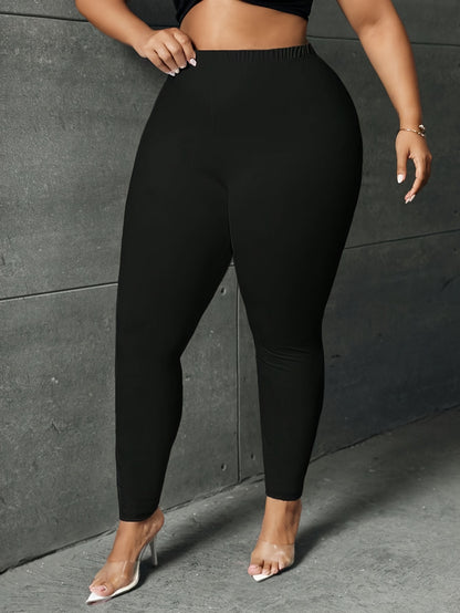 Plus Size Basic Leggings, Solid Elastic High Rise High Stretch