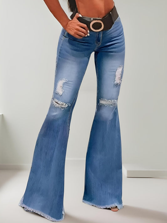 High-Waist Flared Jeans for Women - Elegant Ripped Detail, Frayed Hem - LuxyXO