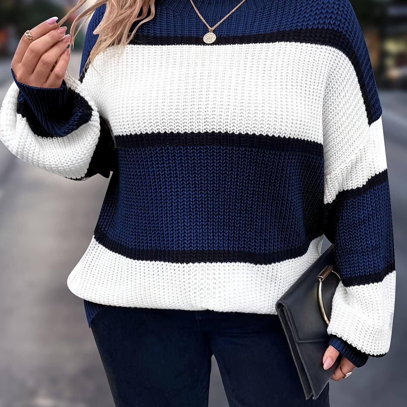 Plus Size Sweater for Women, New Autumn and Winter Striped Sweater, Color Blocking Lazy Style