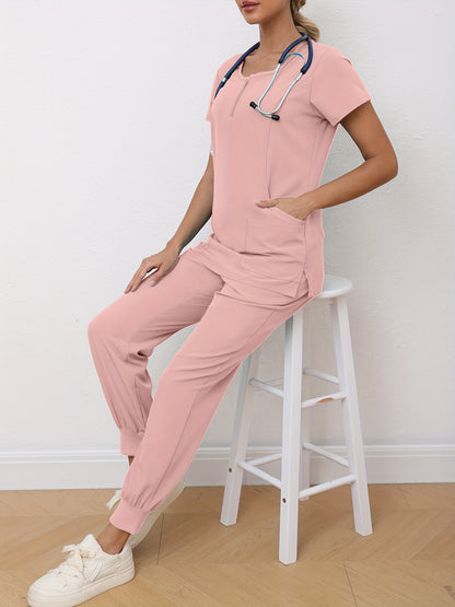 Cómodo conjunto de uniforme de enfermera: blusas quirúrgicas suaves con cuello redondo, bolsillos delanteros y pantalones con cordón para el hospital, ropa médica para mujer con tela transpirable y cintura ajustable