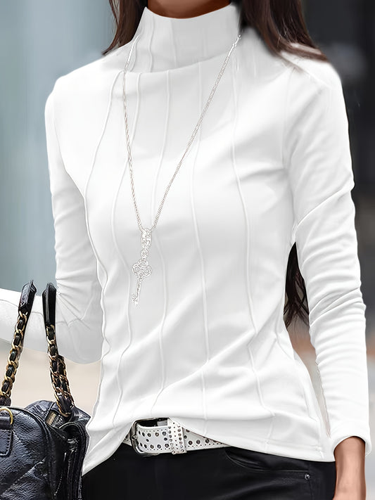 Long Sleeve Solid Turtleneck Slim T-Shirt for Women, Versatile for Spring & Fall