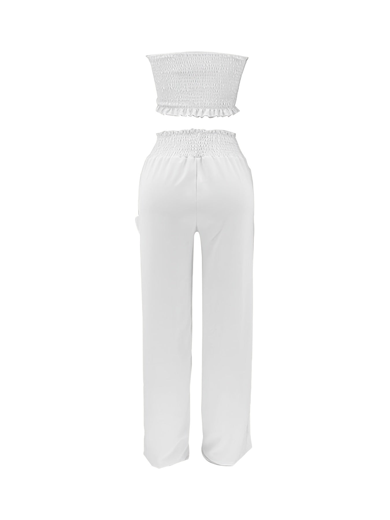 Solid Casual Shirred Two-piece Set, Halter Neck Sleeveless Crop Top & High Waist Loose Long Length Pants Set