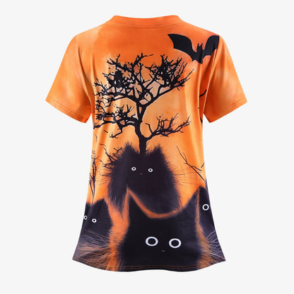 Halloween Charm V-Neck Scrub T-Shirt with Black Cat & Crow Print, Short Sleeve, Pocket Detail - Fashionable Nurse Uniform for Women