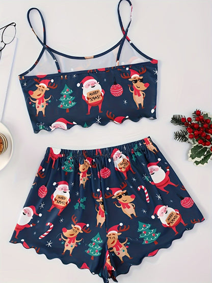 Women's Cute Christmas Cartoon Print Lettuce Trim Top And Shorts Cute Pajama Set Sleepwear