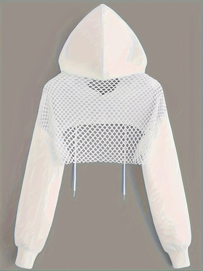 Hoodie Sweatshirt - Mesh Panels - Cropped Sports Jacket for Casual Chic Style - LuxyXO