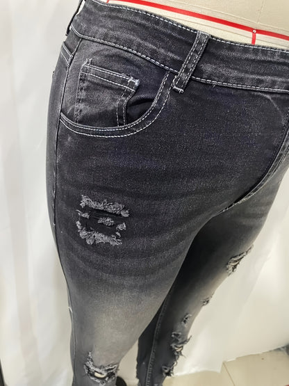 Pantalones vaqueros desgastados azules con dobladillo rasgado de talla grande: pantalones de mezclilla versátiles, cómodos y modernos para mujeres: alta calidad, ajuste relajado y fácil de combinar