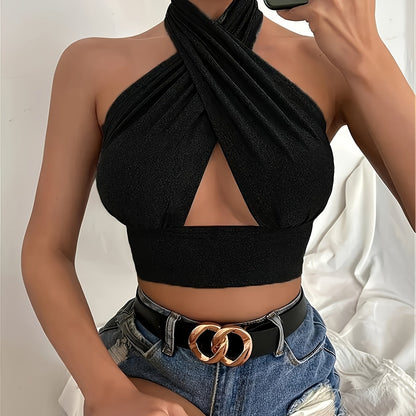 Stretchy Cut Out Cross Halter Top, Sexy Backless Crop Top