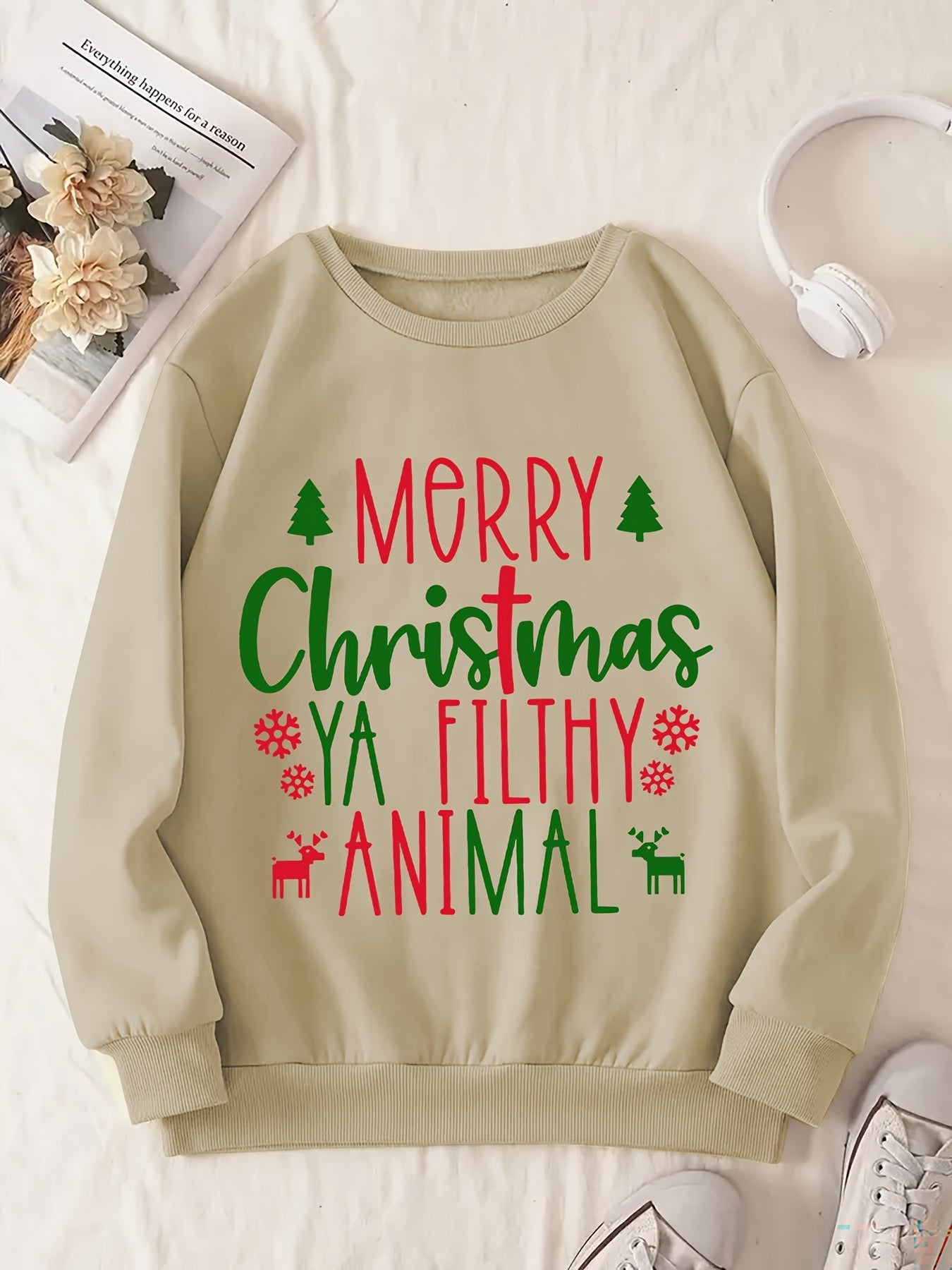 Cozy Holiday Graphic Sweatshirt for Women - Soft 100% Polyester Knitted Fabric, Long Sleeve Comfort Fit, Relaxed Crew Neck, Vibrant 'Merry Christmas Ya Filthy Animal' Print, Perfect for Fall and Winter Season Casual Wear