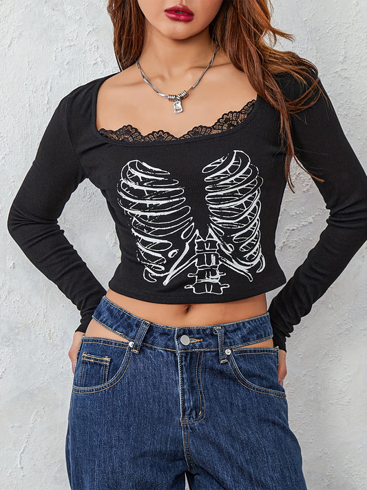 Y2K-Inspired Gothic Skeleton Print T-Shirt for Women - Long Sleeve, Lace Trim, Stretchy Polyester Blend, Machine Washable - Perfect for Spring/Fall