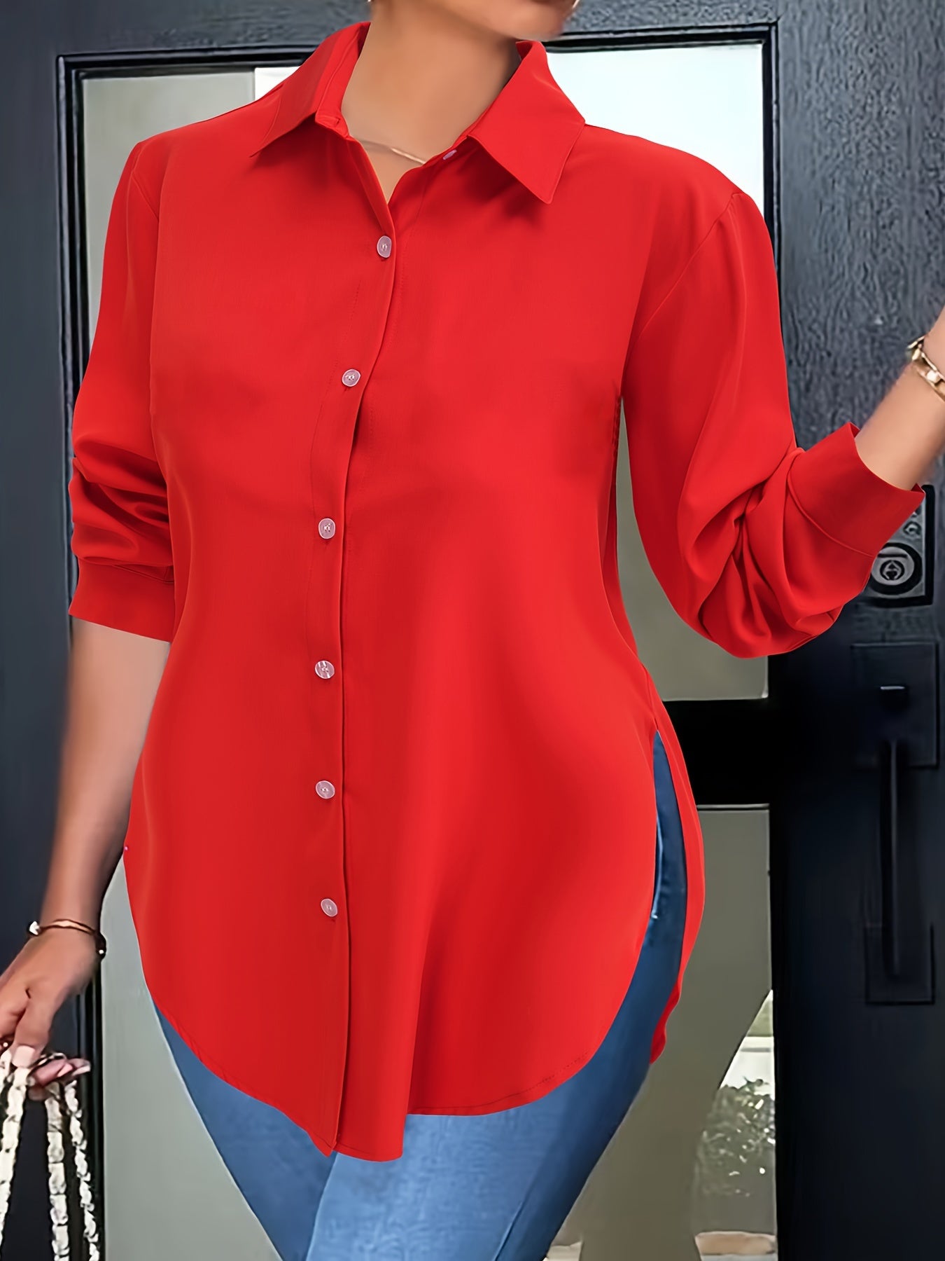 Elegant Women'S Plus Size Shirt - Polyester Long Sleeve Lapel Collared Button-Down Flared Hem Top with Slight Stretch