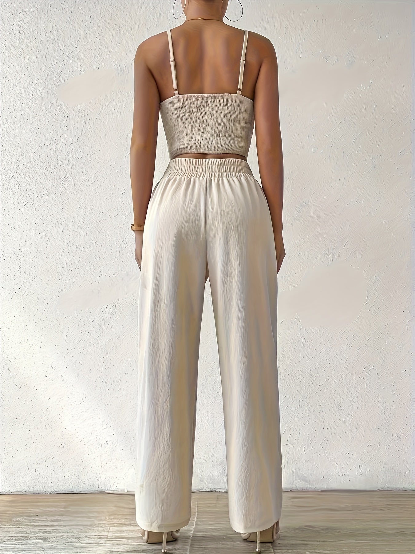 Women's Elegant Solid Color Polyester Off-Shoulder Top and Wide Leg Pants Set