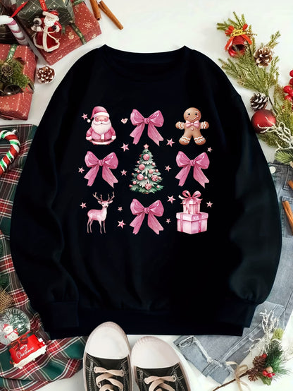 Cozy Fleece-Lined Christmas Santa Claus & Bow Print Sweatshirt for Women - Casual Crew Neck, Long Sleeve Pullover with Kangaroo Pocket, Machine Washable Polyester Blend, Perfect for Fall/Winter