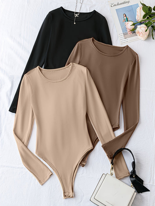 3-Pack Solid Bodysuit Set - Soft, Versatile, Crew Neck, Long Sleeve, One-Piece Bodysuit for Women - Everyday Essentials, Comfortable, Relaxed Fit, Easy Care